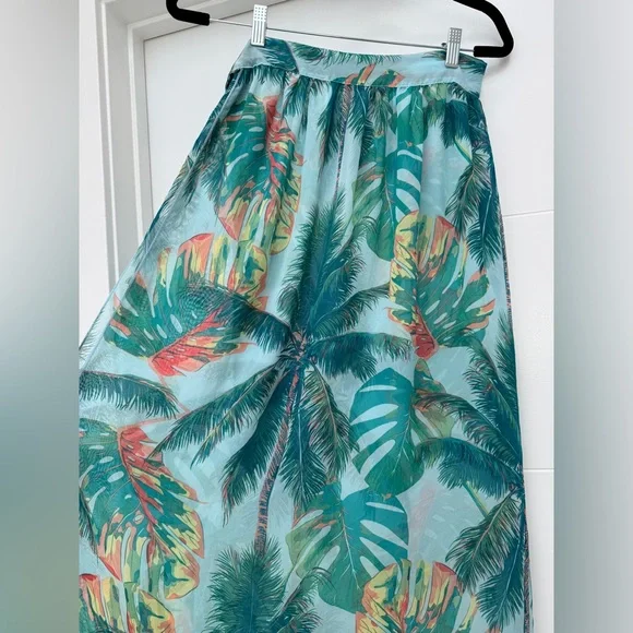 Tropical Palm Print Sheer Maxi Wrap Skirt Beach Cover-Up Resort Vacation O/S - Picture 5 of 6